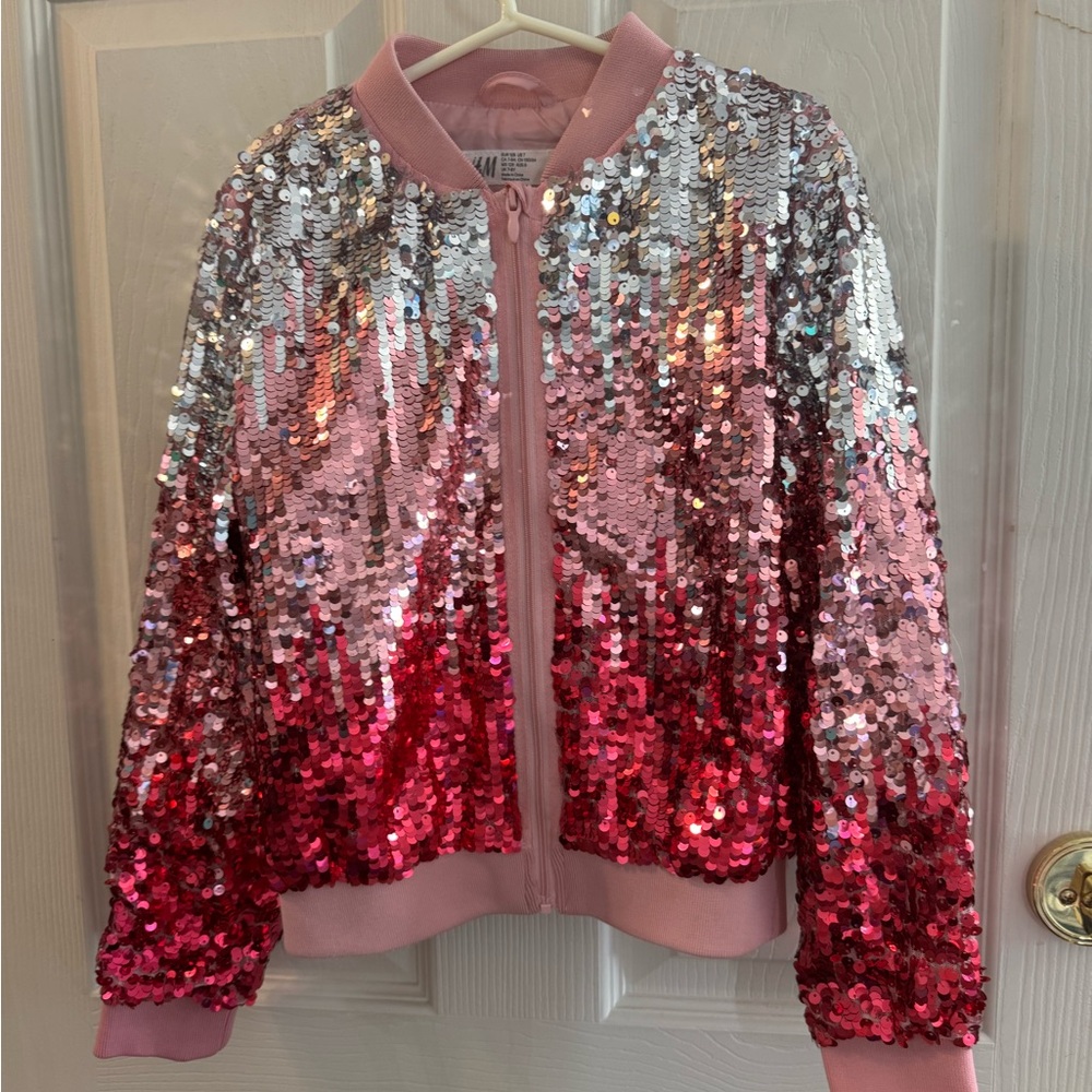 H&M Pink and Silver Sequin Bomber Jacket with matching skirt
